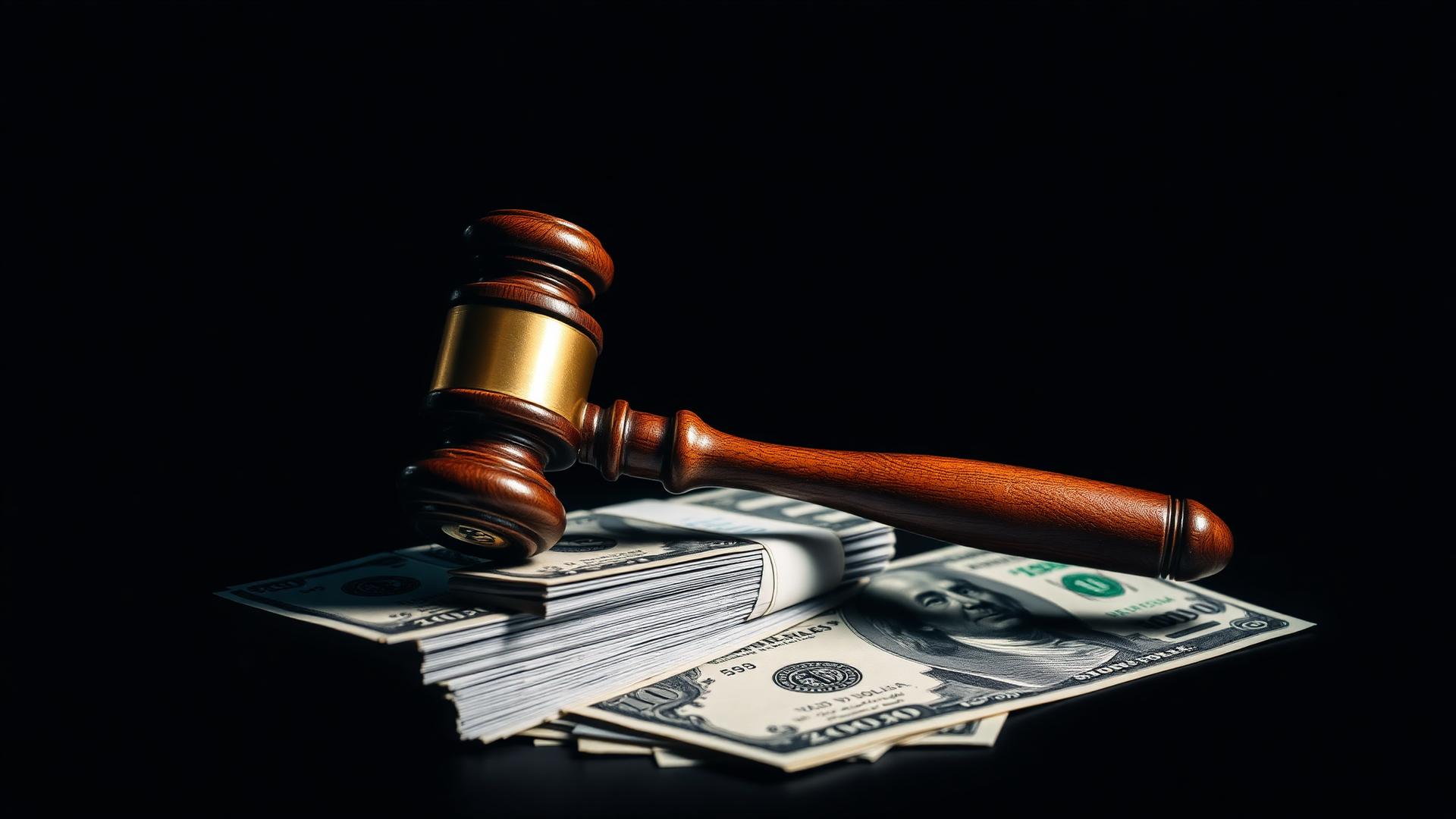 Wooden gavel resting on US dollar bills representing bail bonds